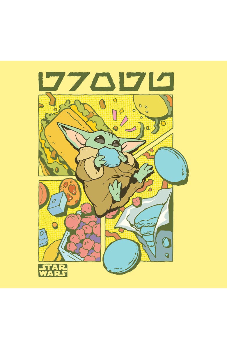 Star Wars: The Mandalorian and Grogu Men's Star Wars The Mandalorian and Grogu Space Snacks Retro Comic  Graphic T-Shirt, Alternate, color, Banana