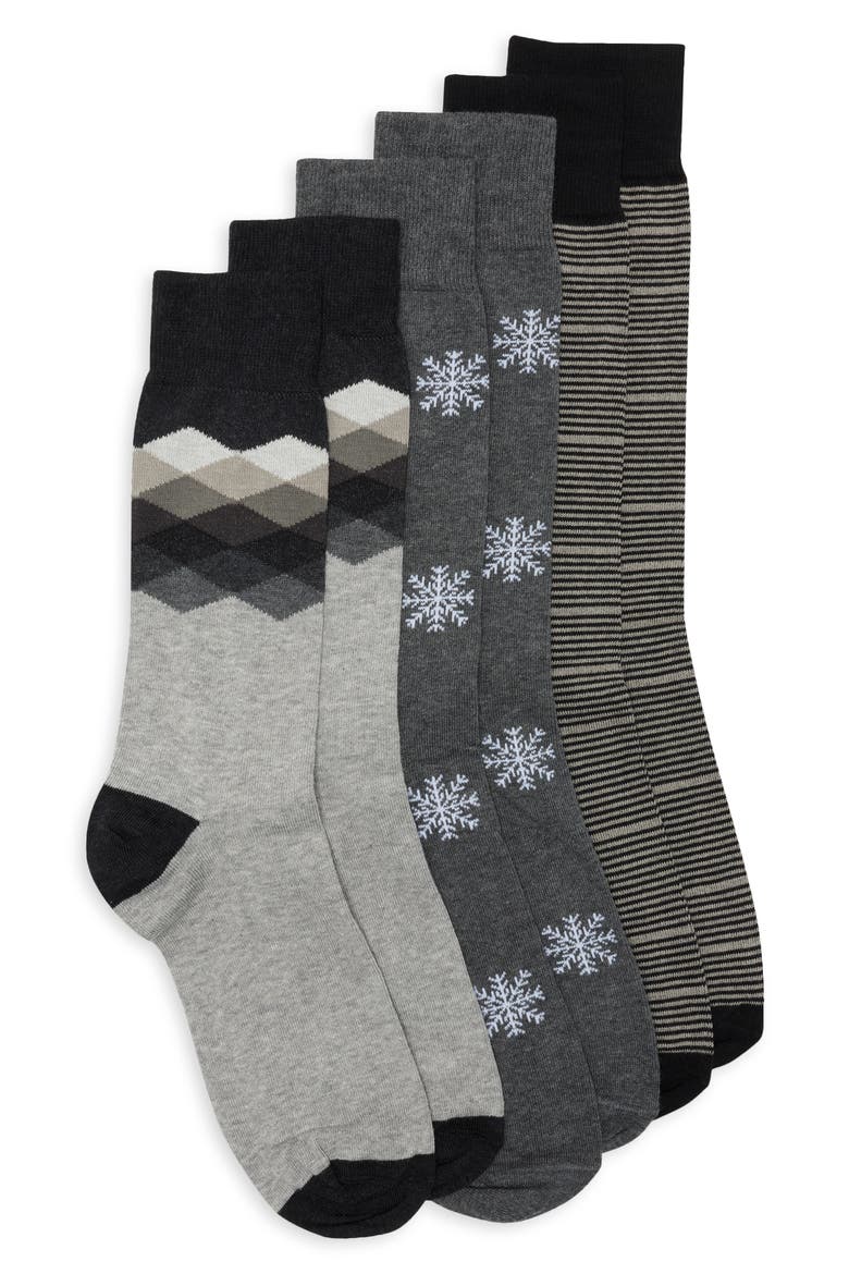 3-Pack Diamond Snowflake Dress Socks, Main, color, CHARCOAL