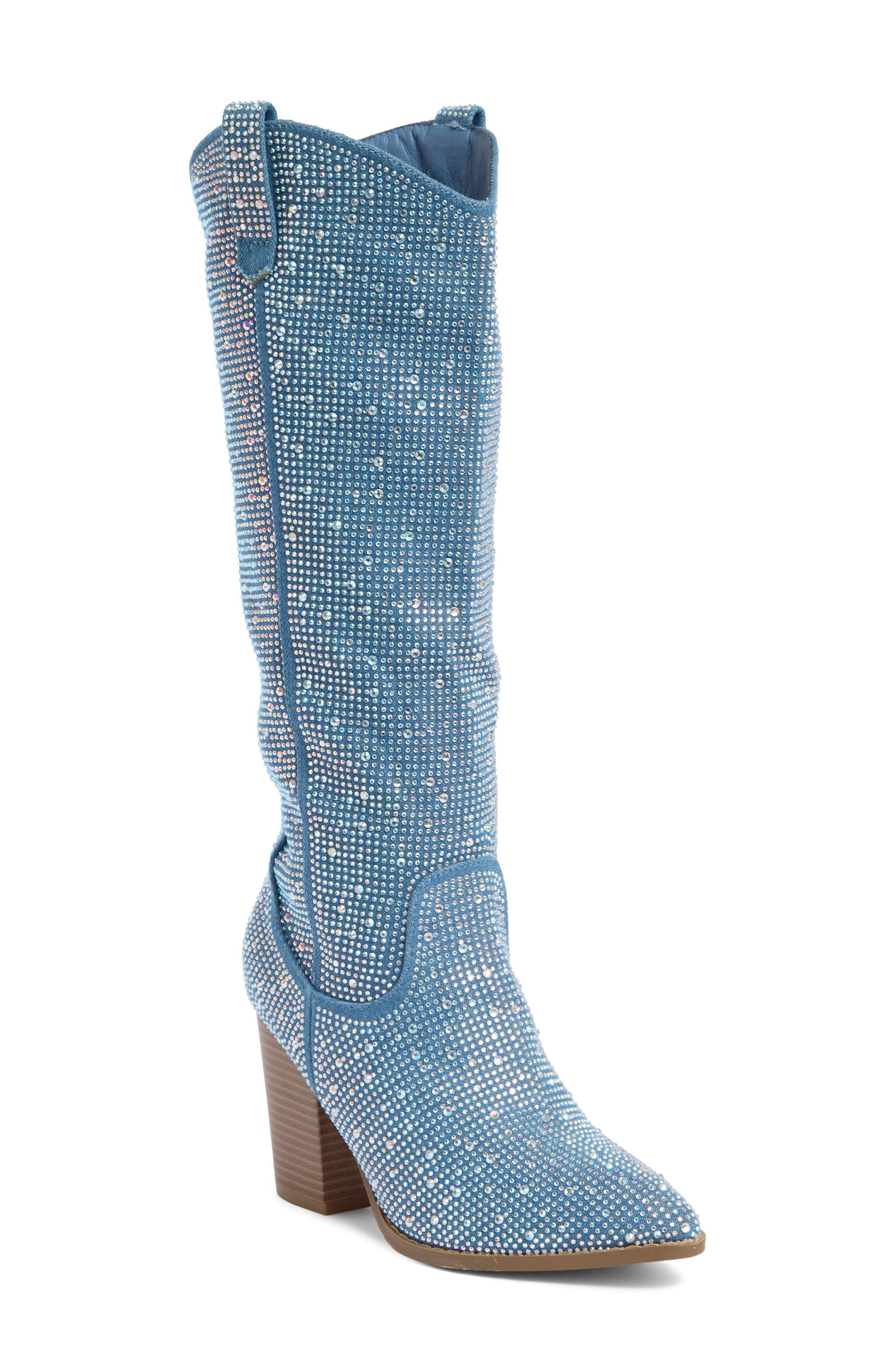 Imogen Embellished Western Boot, Main, color, BLUE DENIM GLITTER