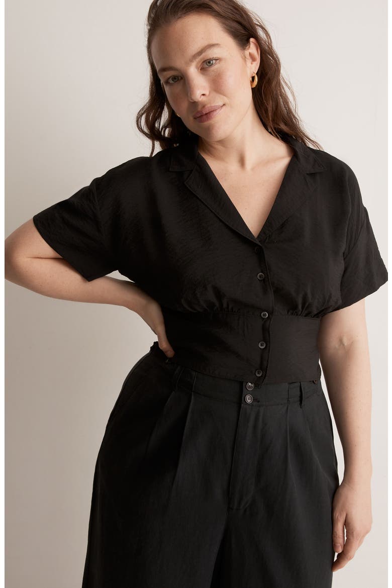 Drapey Banded Bottom Button-Up Top, Alternate, color, TRUE BLACK