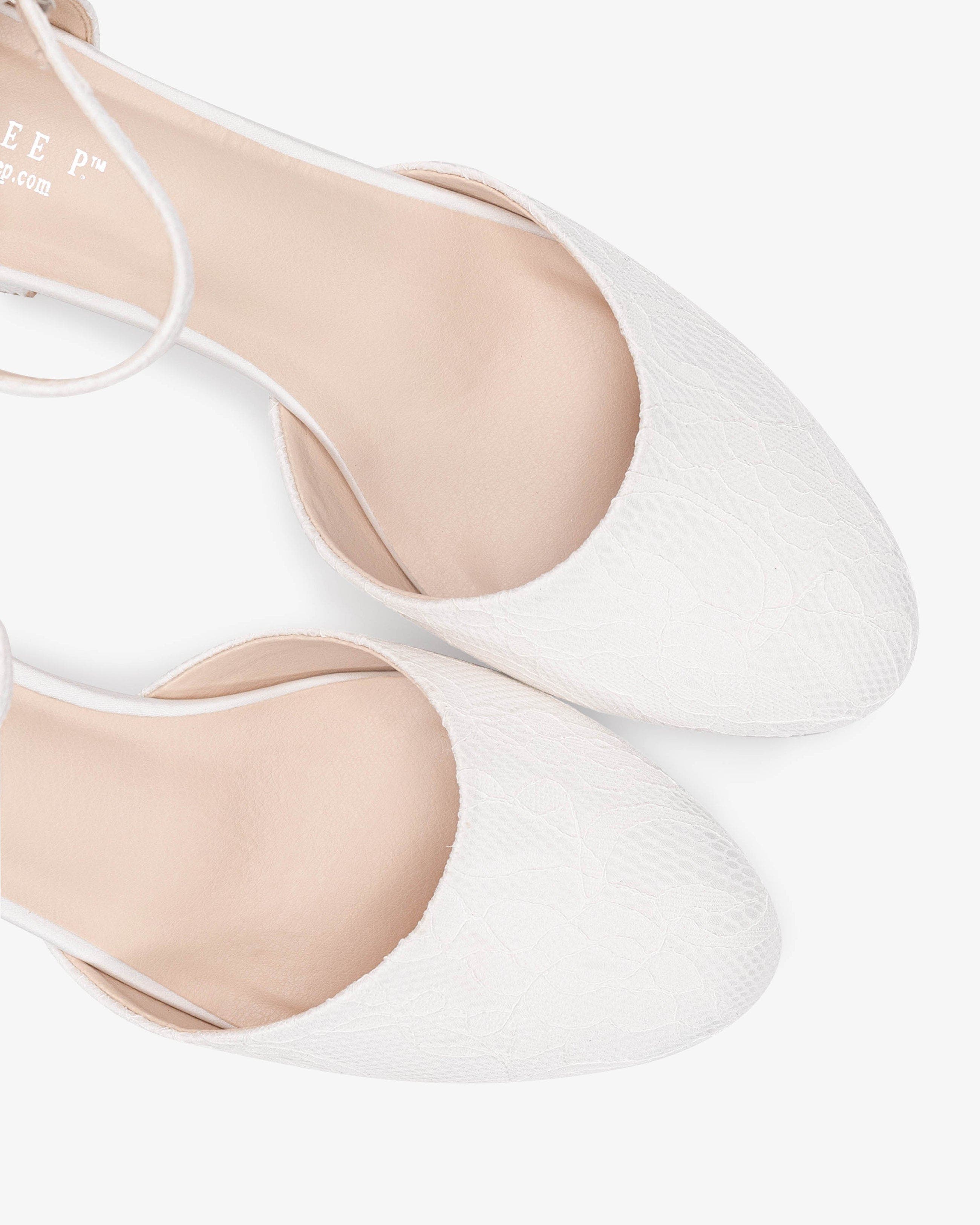 Kailee P Yvonne Lace Round Toe Low Block Heel Wedding Shoes with Ankle Strap, Alternate, color, White