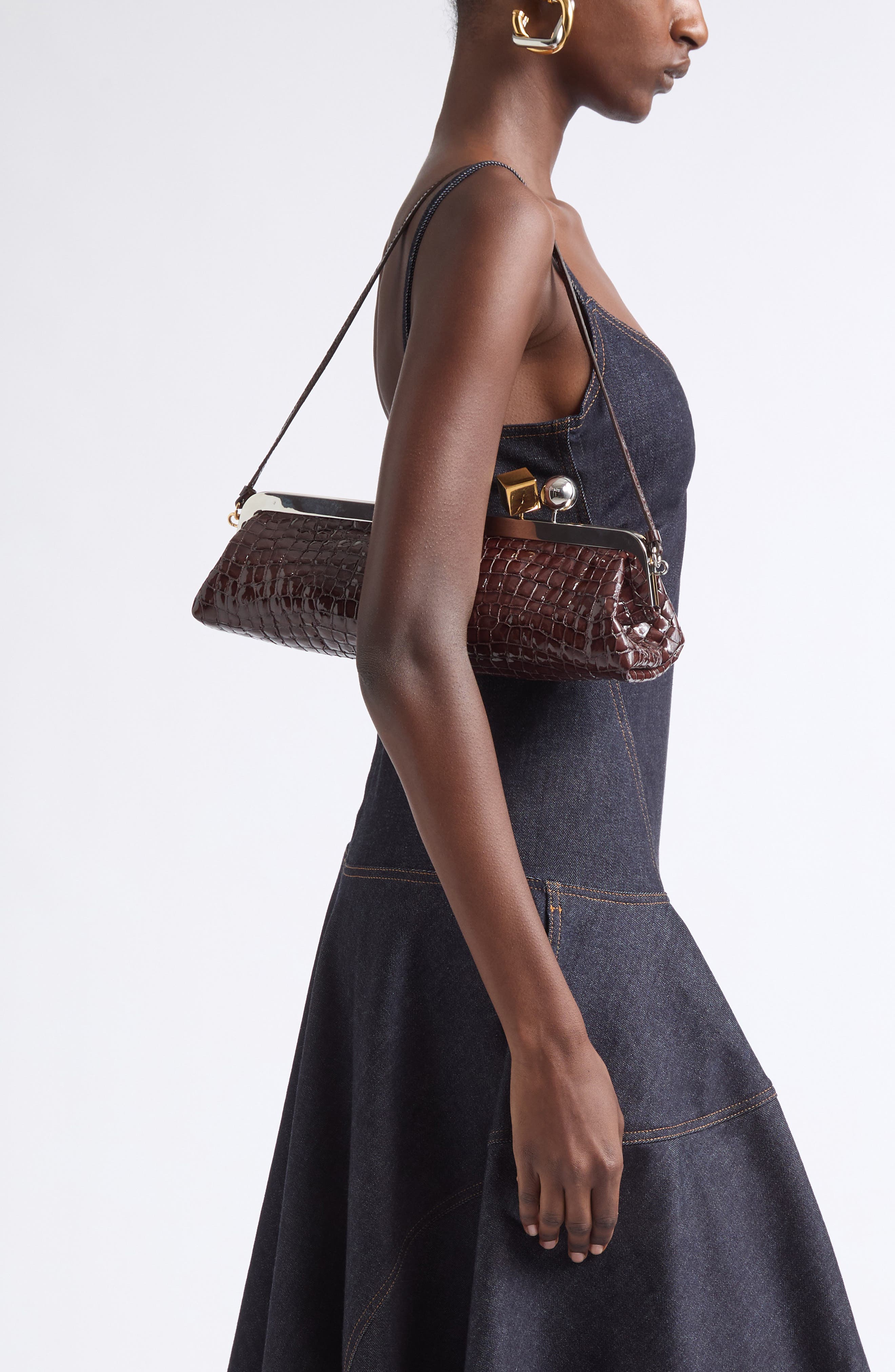 La Pochette Salon Croc Embossed Patent Leather Clutch, Alternate, color, BROWN 850