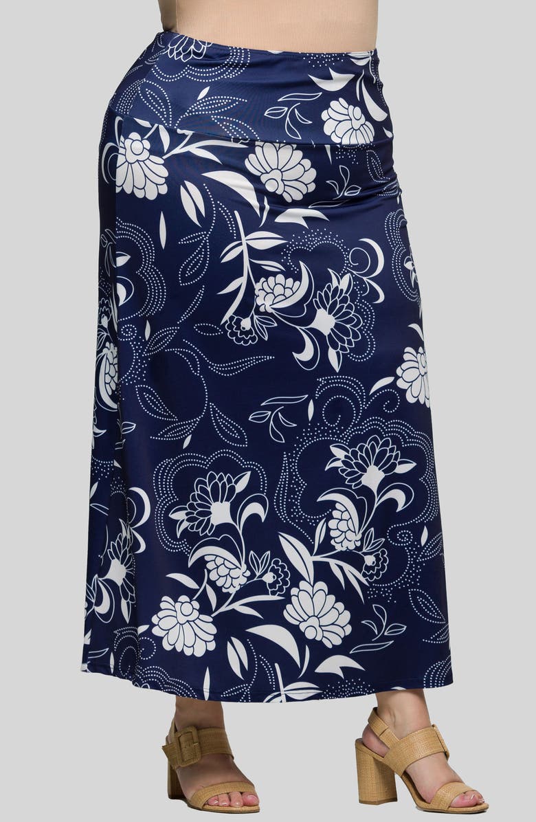 24seven Comfort Apparel Pull-On Maxi Skirt, Alternate, color, Navy Multi