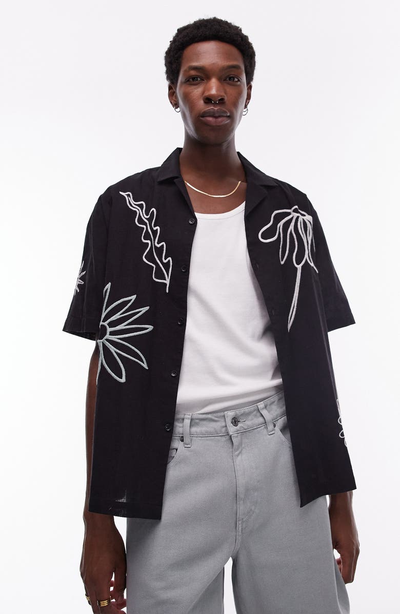 Topman Floral Cotton & Linen Camp Shirt, Main, color, 