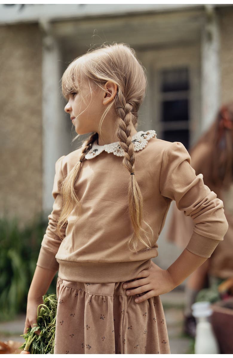 Space Grey 2 Piece Corduroy Skirt Set with Crochet Collar French Fleece Sweater, Alternate, color, Dusty Pink