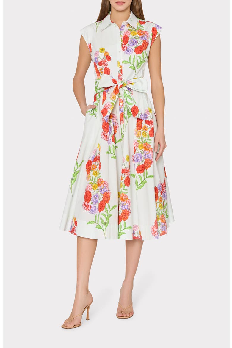 Jules Paris Bouquet Belted Midi Dress, Main, color, WHITE MULTI