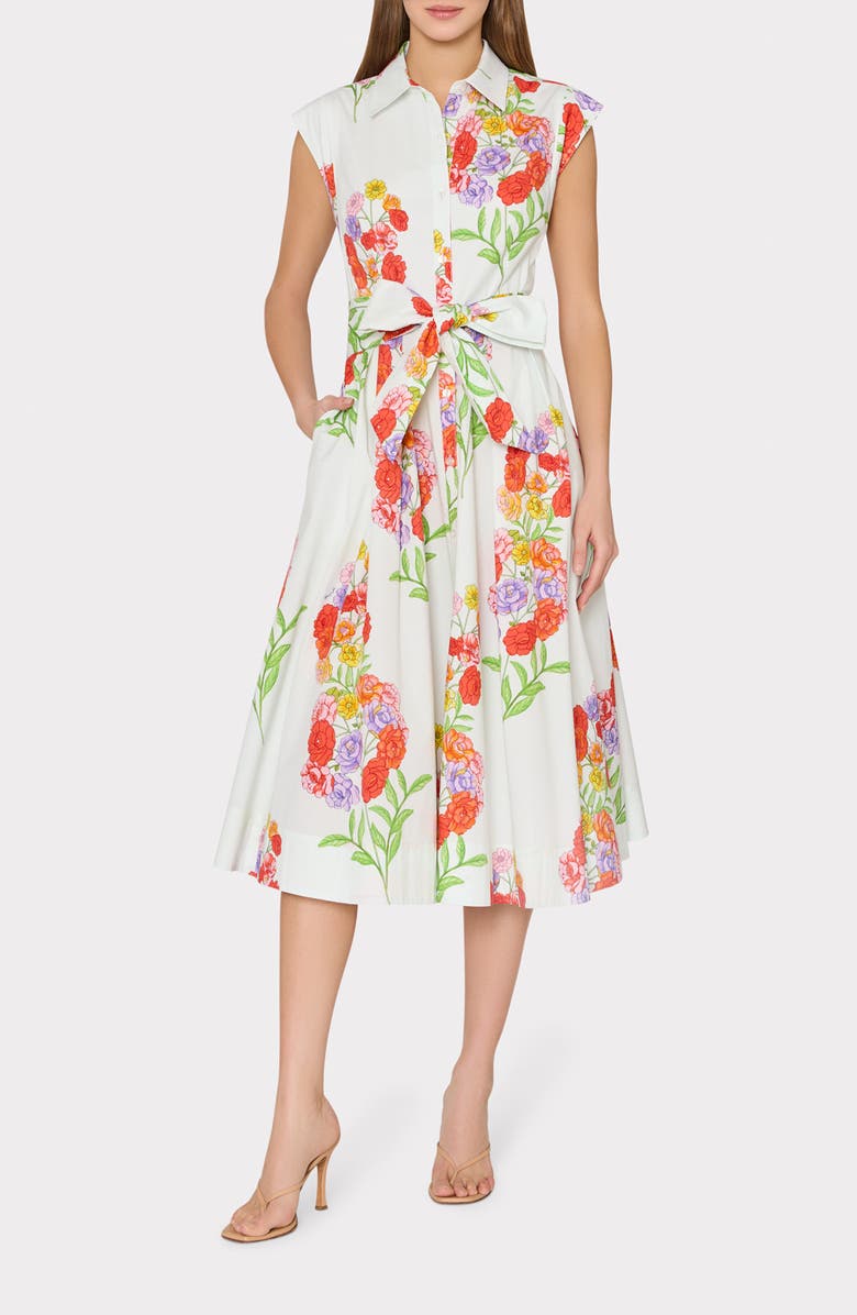 Milly Jules Paris Bouquet Belted Midi Dress, Main, color, White Multi