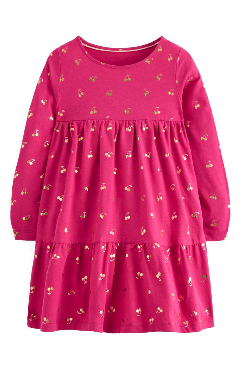 Mini Boden Kids' Ariel Twirly Cherry Foil Print Long Sleeve Cotton Jersey Dress, Main, color, Cherry Jam Foil Cherries