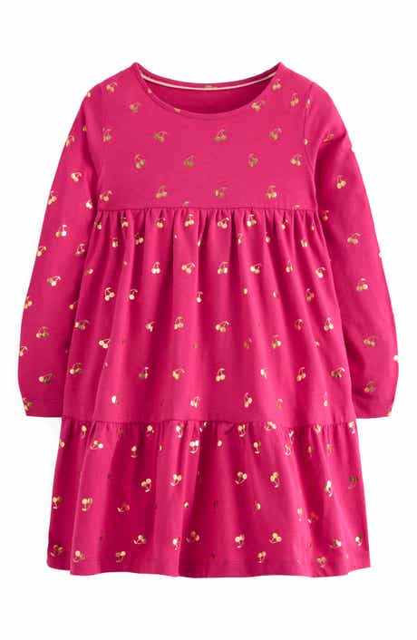 Kids' Ariel Twirly Cherry Foil Print Long Sleeve Cotton Jersey Dress