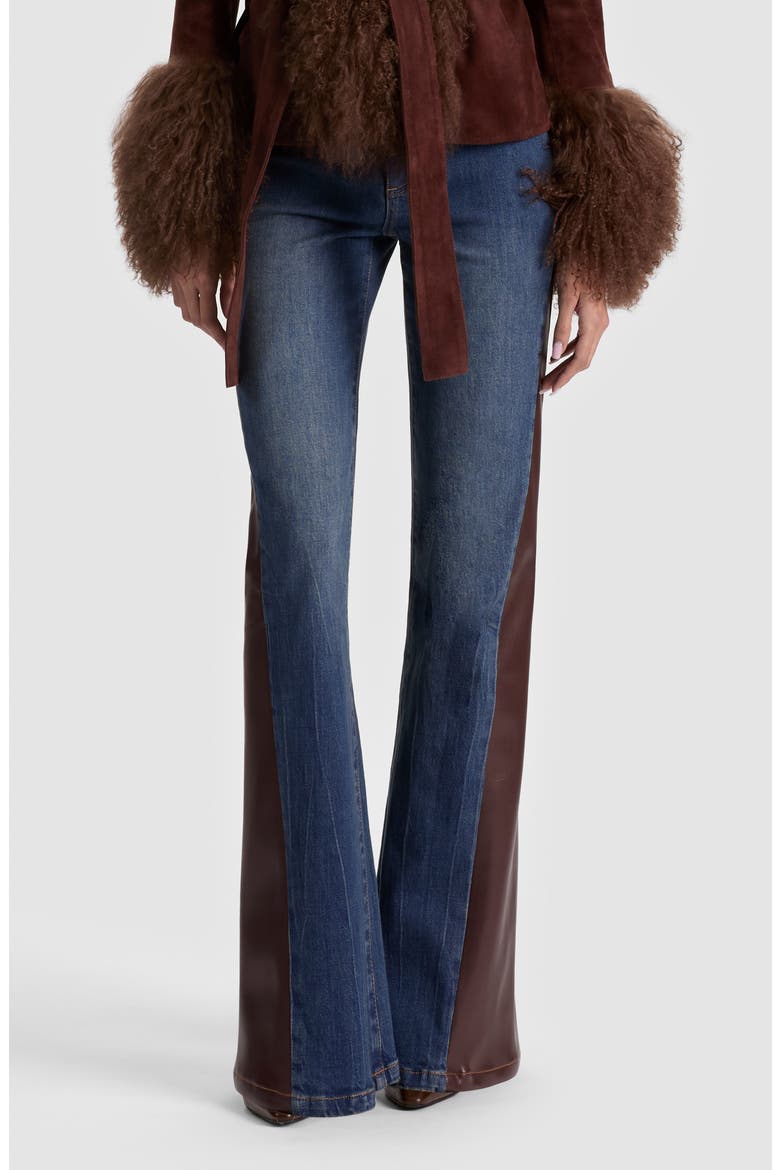 Faux Leather Godet High Waist Flare Jeans, Main, color, GEORGETTE BLUE/ DARK CHOCOLATE