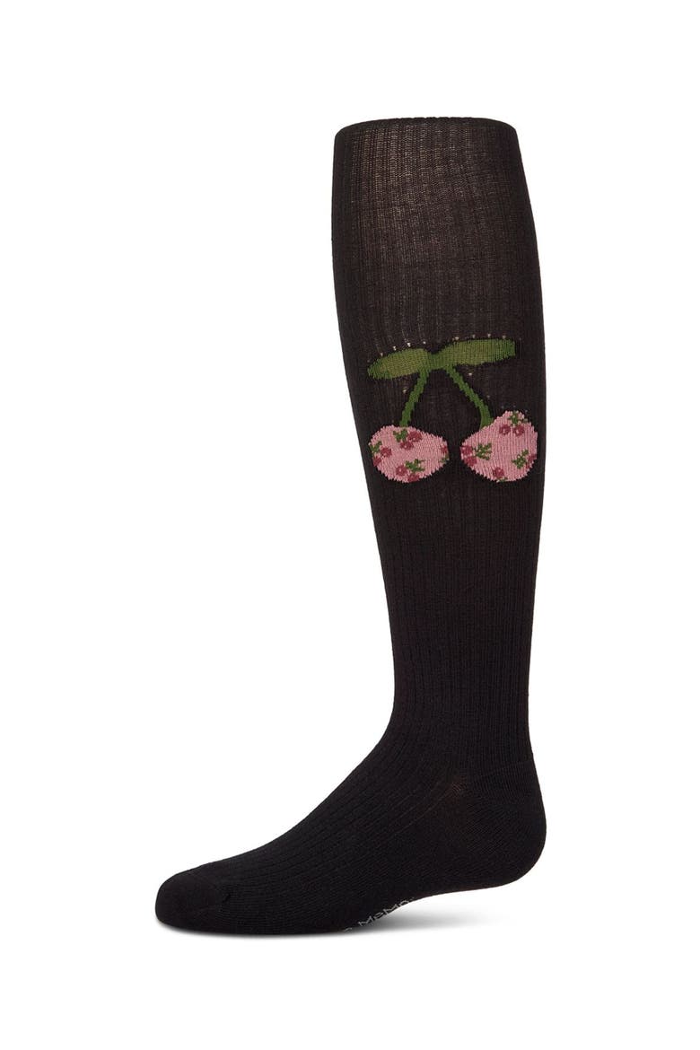 Ribbed Cherry-Graphic Elastic-Waist Tights, Main, color, Black