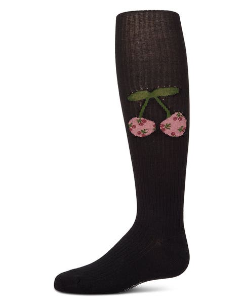 Ribbed Cherry-Graphic Elastic-Waist Tights
