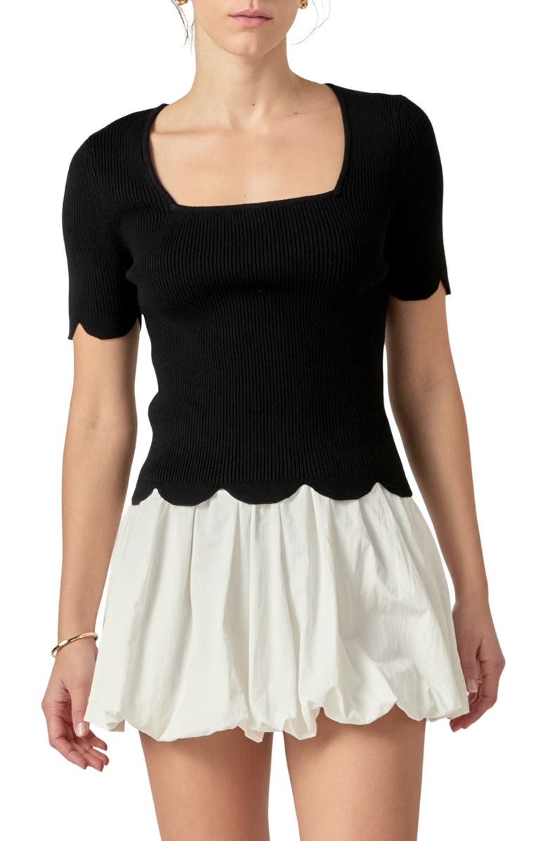 English Factory Scallop Hem Square Neck Rib Sweater, Main, color, Black