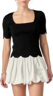 English Factory Scallop Hem Square Neck Rib Sweater