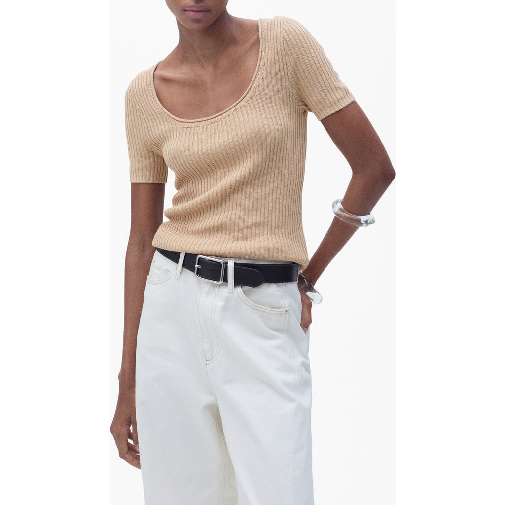 Mango Scoop Neck Short Sleeve Rib Sweater In Brown