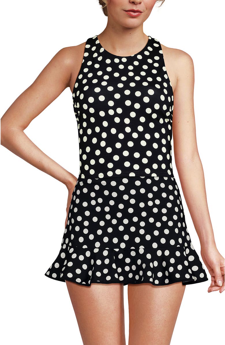Lands' End Chlorine Resistant High Neck Racerback Midkini Swimsuit Top, Main, color, Black/Egret White Tossed Dots