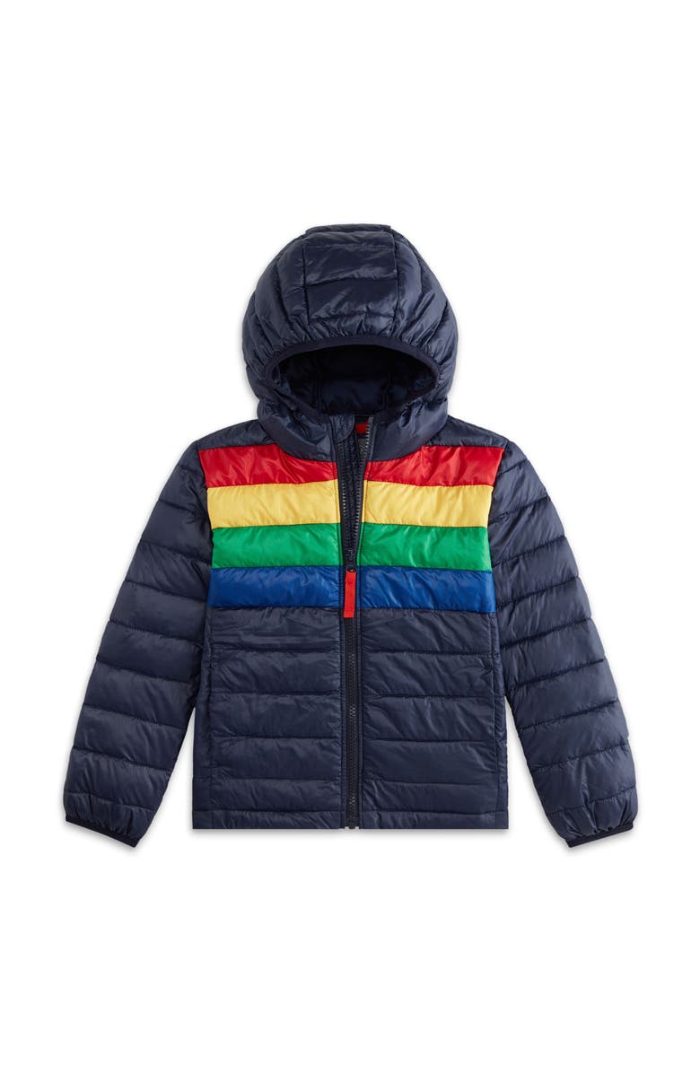 Primary Kids Puffer Jacket In Stripe, Main, color, Navy Bold Rainbow