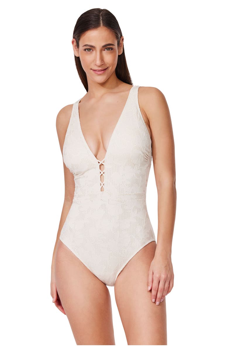 Gottex Jolene Textured Deep V Neck One Piece, Alternate, color, Cream