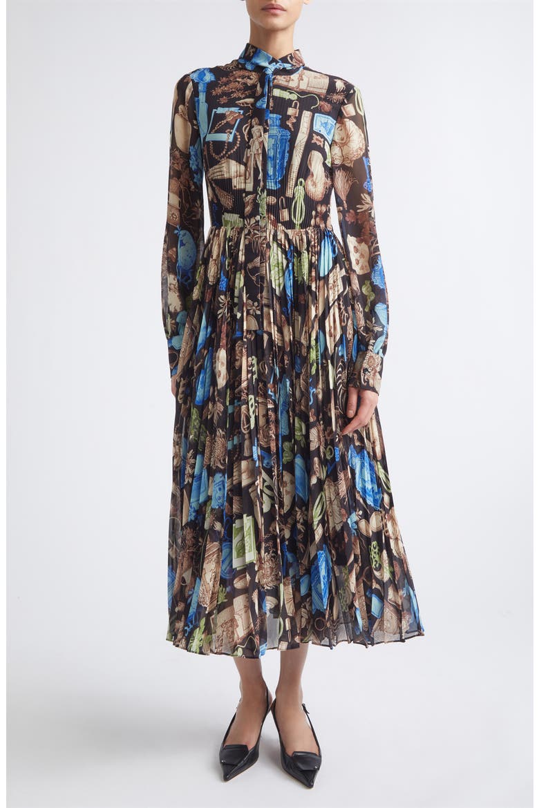 Tie Neck Pleated Midi Dress, Main, color, BLACK MULTI