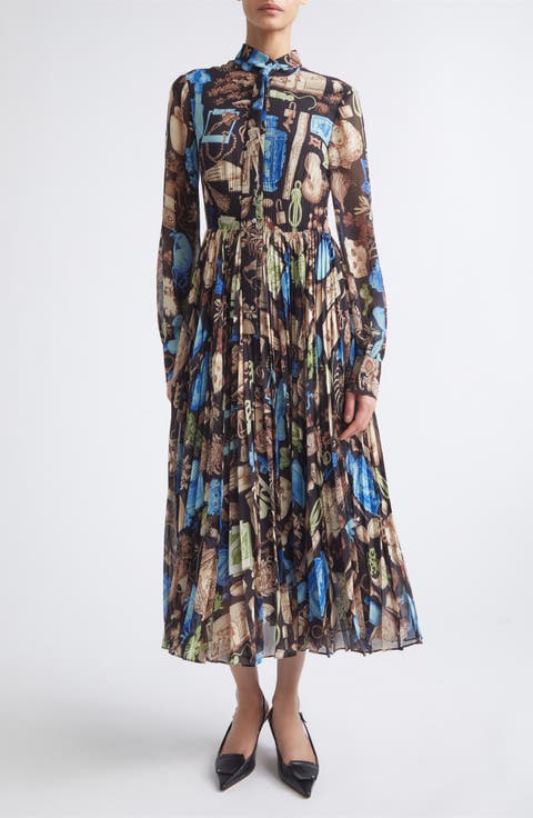 Tie Neck Pleated Midi Dress