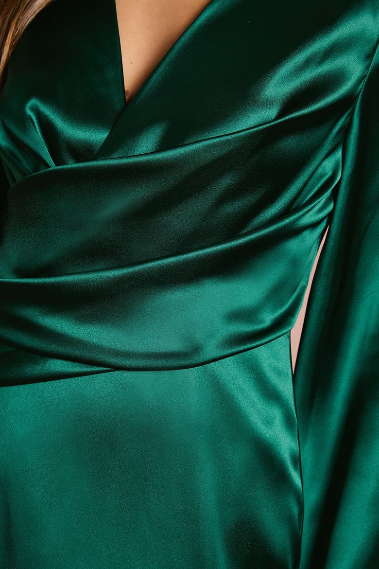 Satin Fringe Hem Wrap Waist Midi Dress, Alternate, color, Emerald