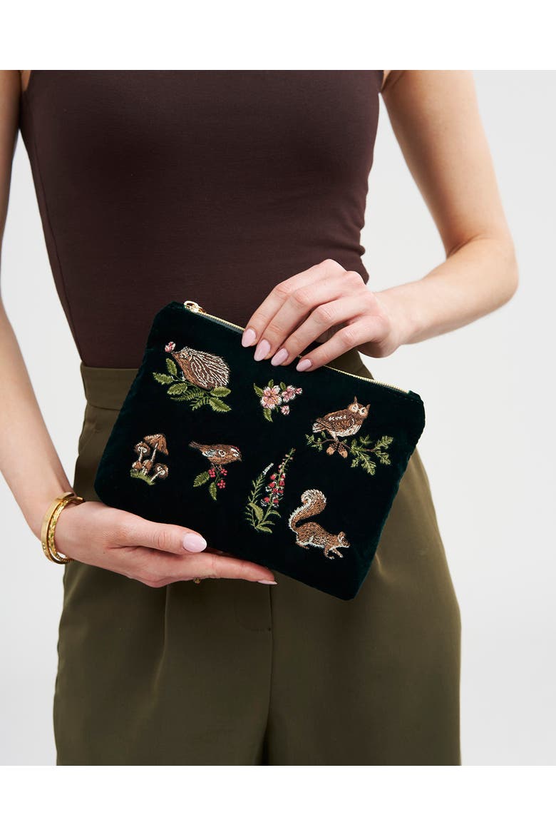 Meadow Scene Embroidered Medium Pouch  Velvet, Alternate, color, Dark Green