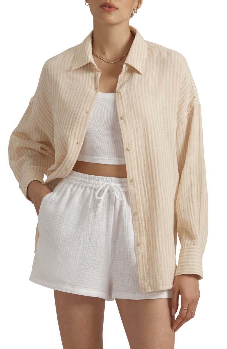Favorite Daughter The Ex Cotton Button-Up Shirt, Main, color, Sand Stripe
