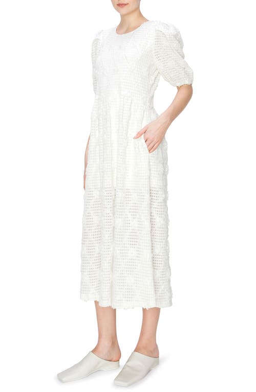 Melloday Textured Jacquard Puff Sleeve Midi Dress In White