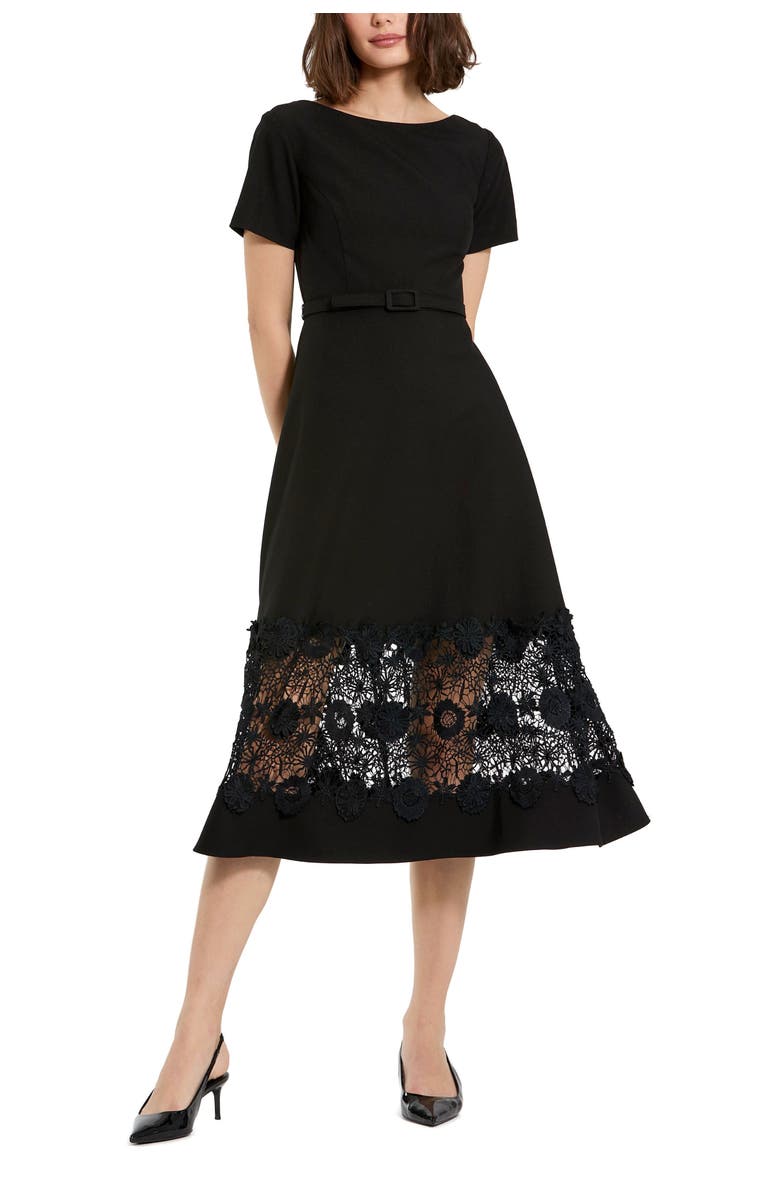 Mac Duggal Crepe Boat Neck Belted Lace Illusion Midi Dress, Main, color, Black