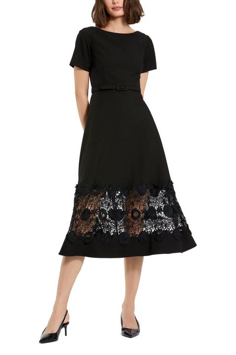 Crepe Boat Neck Belted Lace Illusion Midi Dress