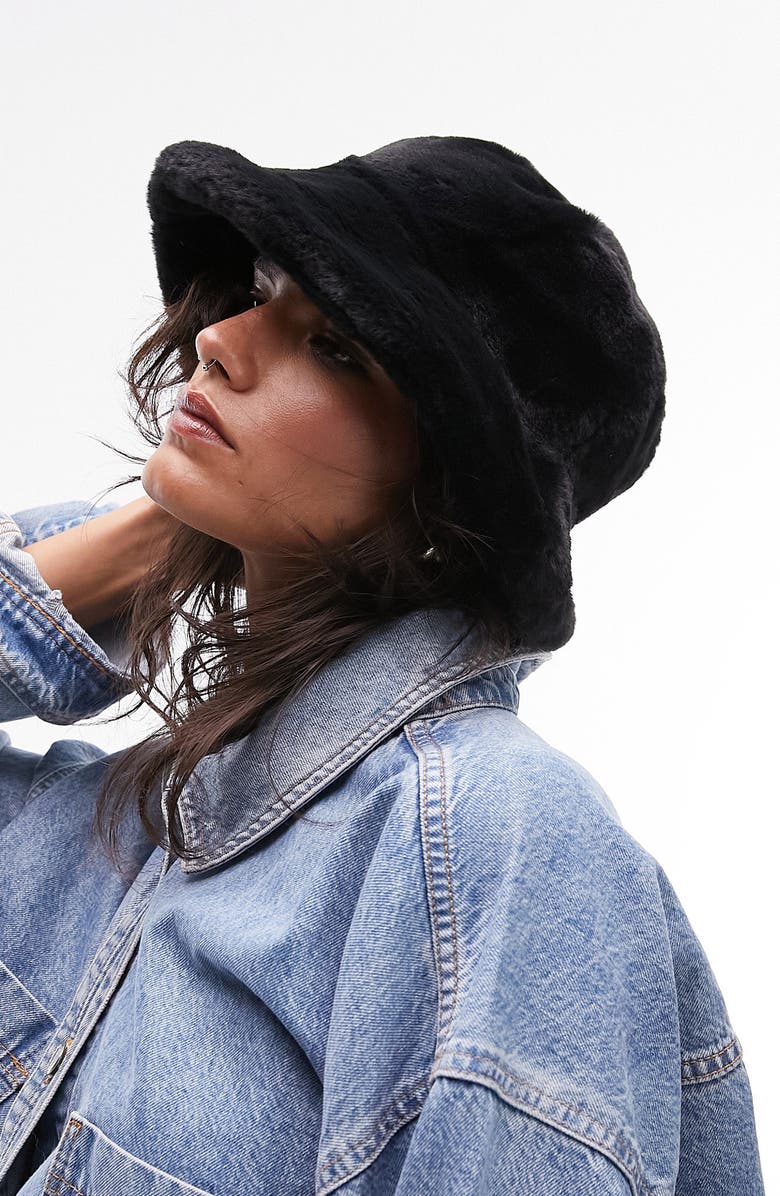 Topshop Faux Fur Bucket Hat, Alternate, color,