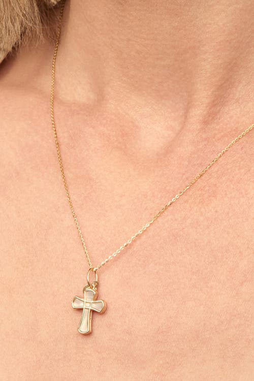 Oradina 14k Gold Bless Me Cross Pendant Charm In 14k Gold, Mother Of Pearl