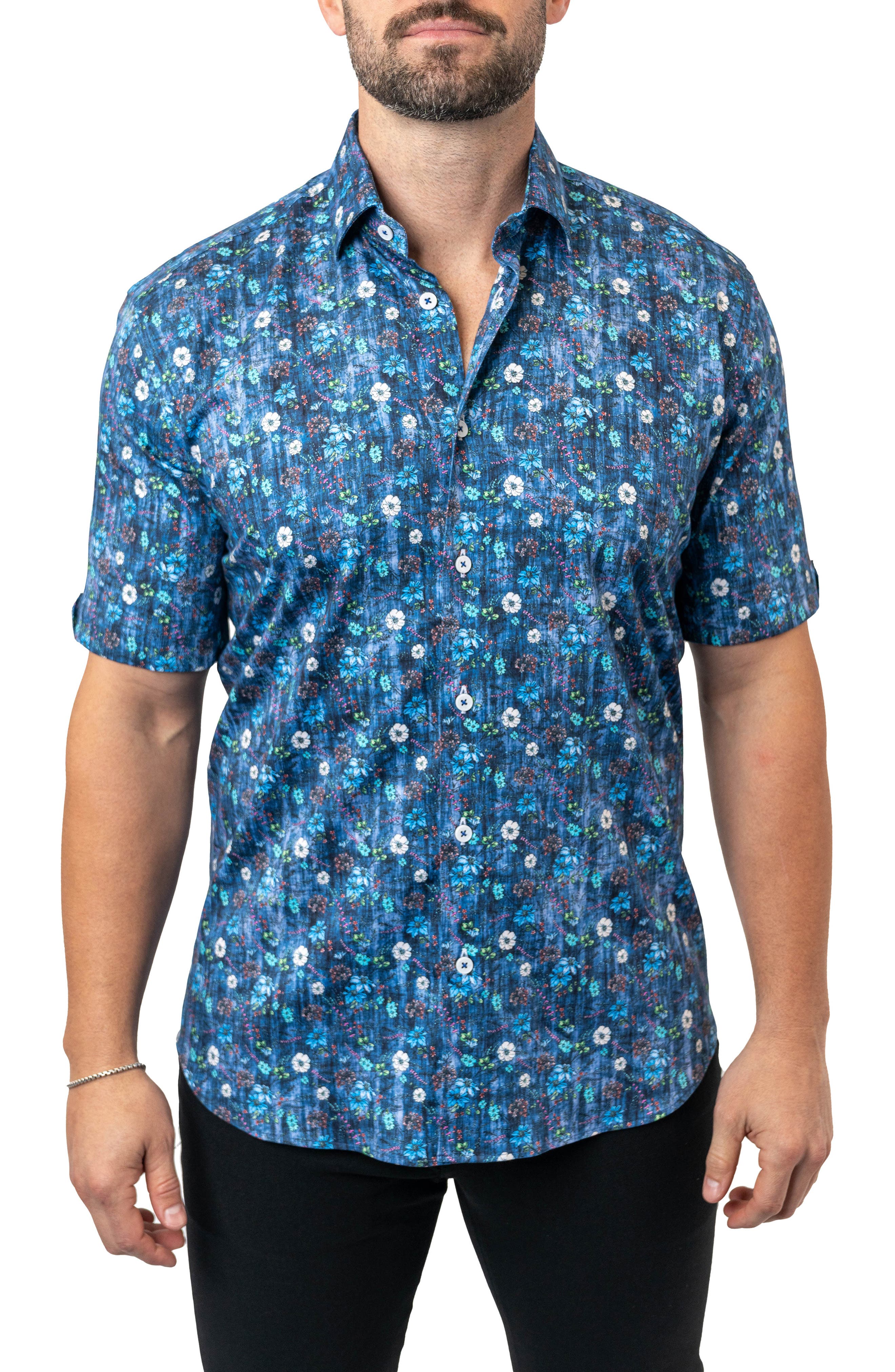Maceoo Galileo Floral 59 Blue Contemporary Fit Short Sleeve Button-Up Shirt