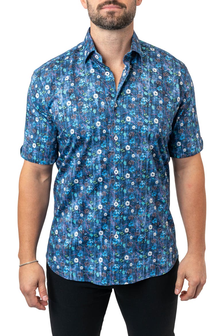 Galileo Floral 59 Blue Contemporary Fit Short Sleeve Button-Up Shirt, Main, color, BLUE