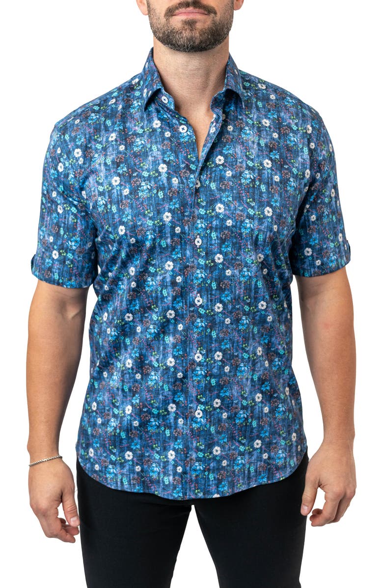 Maceoo Galileo Floral 59 Blue Contemporary Fit Short Sleeve Button-Up Shirt, Main, color, Blue