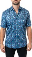Maceoo Galileo Floral 59 Blue Contemporary Fit Short Sleeve Button-Up Shirt