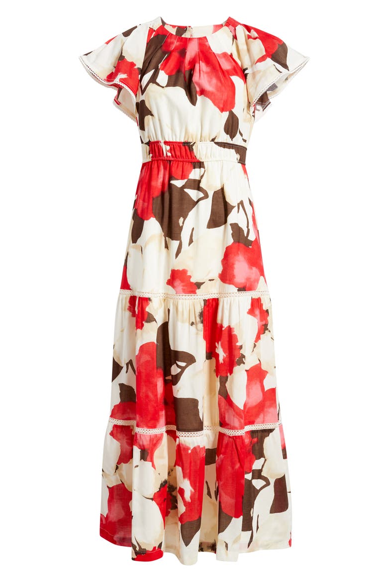 Floral Print Tiered Midi Dress, Alternate, color, WHITE DOVE MULTI