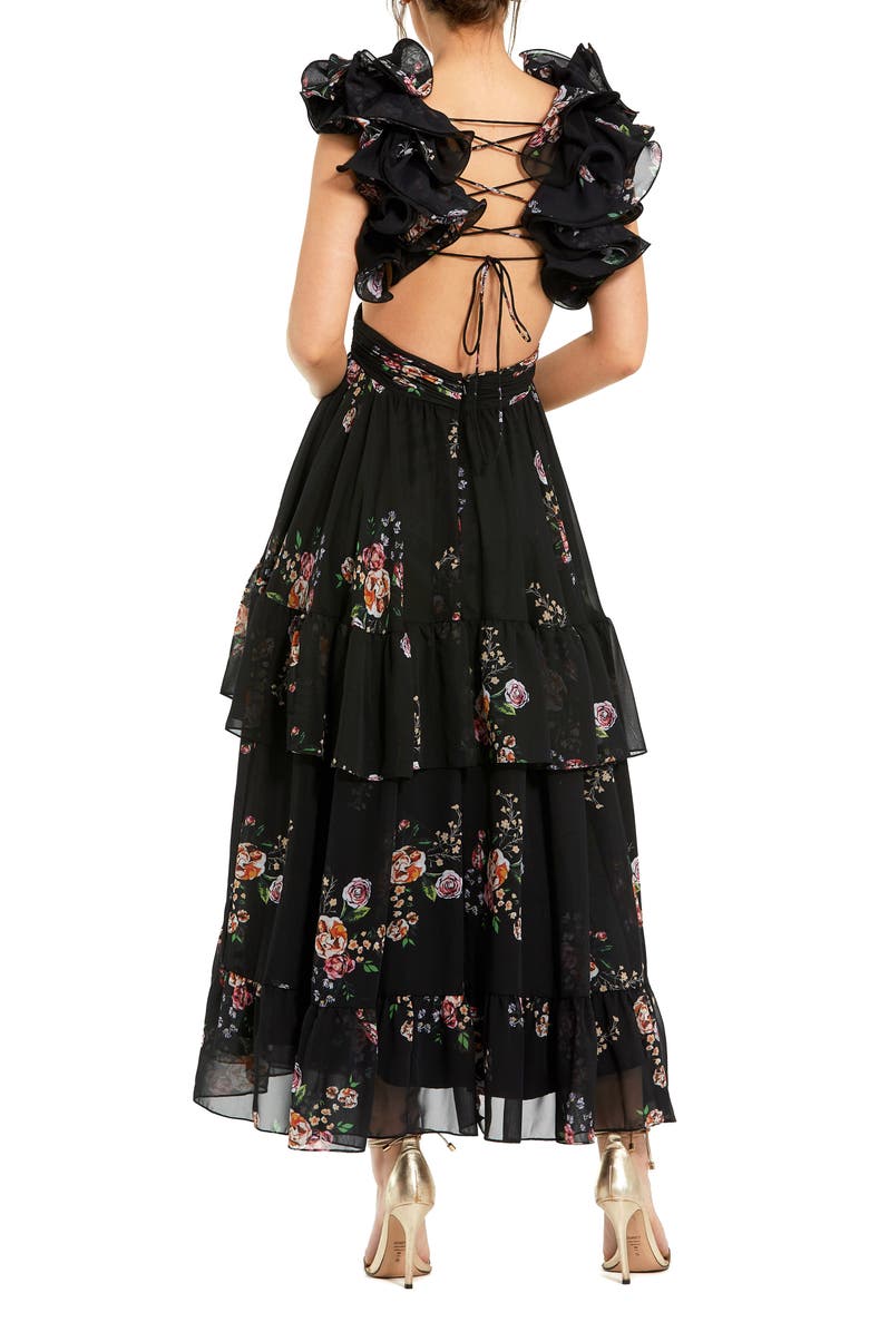 Mac Duggal Tiered Floral Chiffon Gown with Ruffle Cap Sleeves and Lace-Up Back, Alternate, color, Black Multi