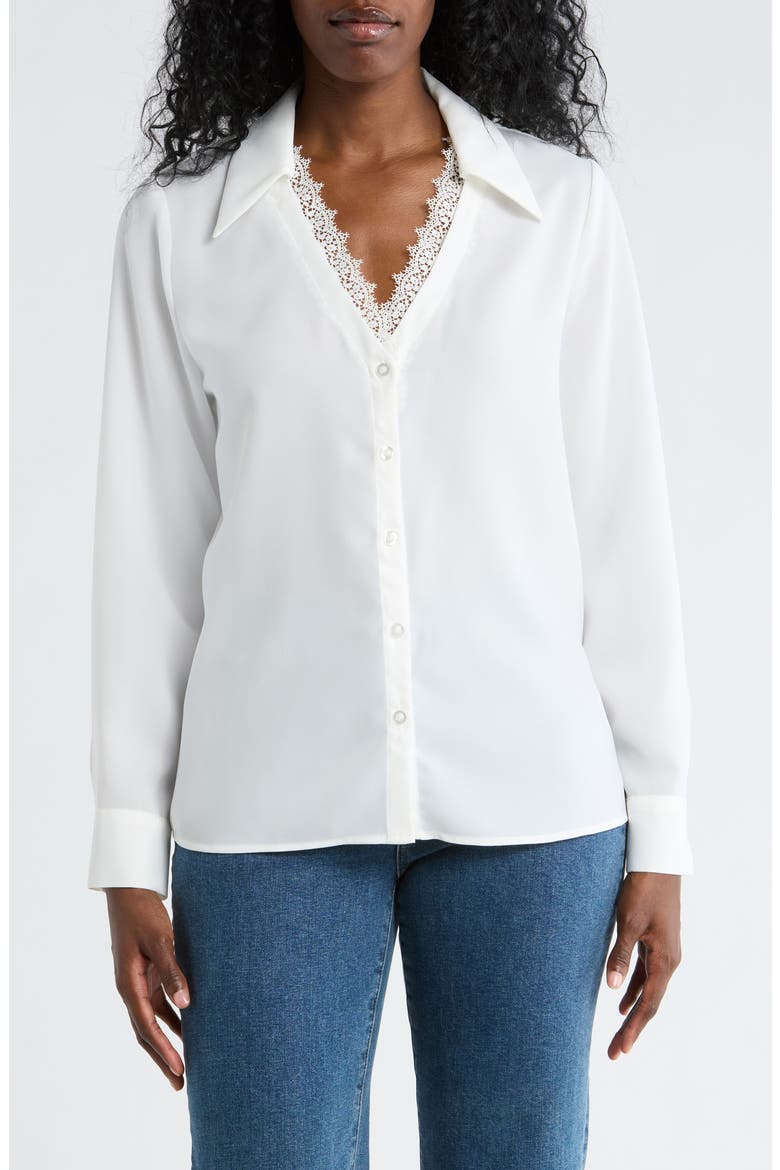 V-Neck Lace Trim Button-Up Shirt, Main, color, IVORY