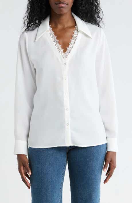 Gemma + Jane V-Neck Lace Trim Button-Up Shirt