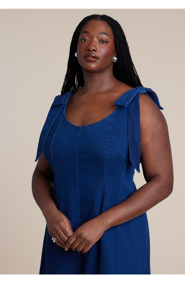 ELOQUII Denim Trumpet Dress, Alternate, color, Medium Wash