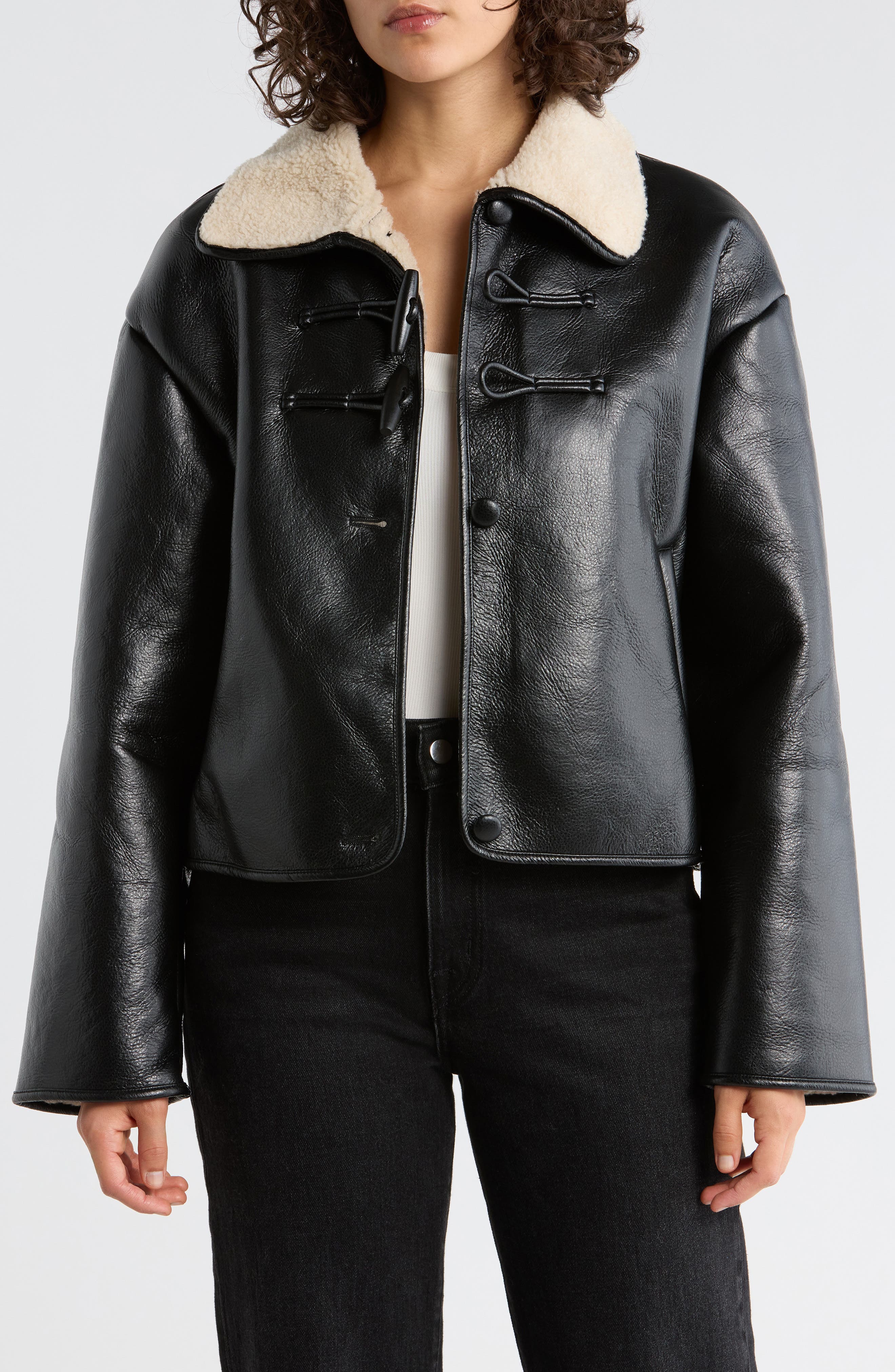 Elodie Faux Shearling Collar Faux Leather Crop Jacket