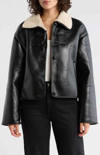 Elodie Faux Shearling Collar Faux Leather Crop Jacket