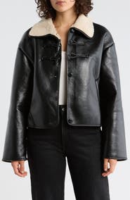 Elodie Faux Shearling Collar Faux Leather Crop Jacket