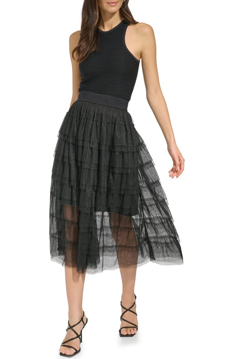DKNY Tiered Ruffle Tulle Midi Skirt, Alternate, color,