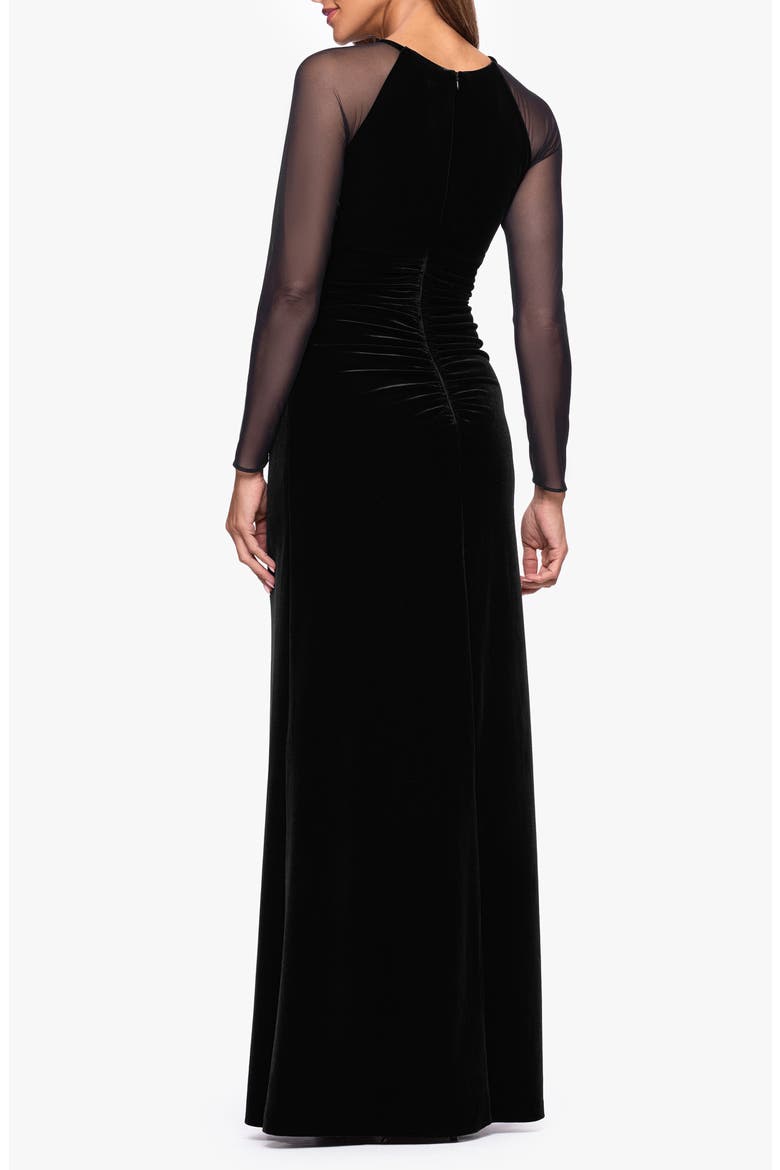 Mesh Long Sleeve Ruched Velvet Gown, Alternate, color, BLACK