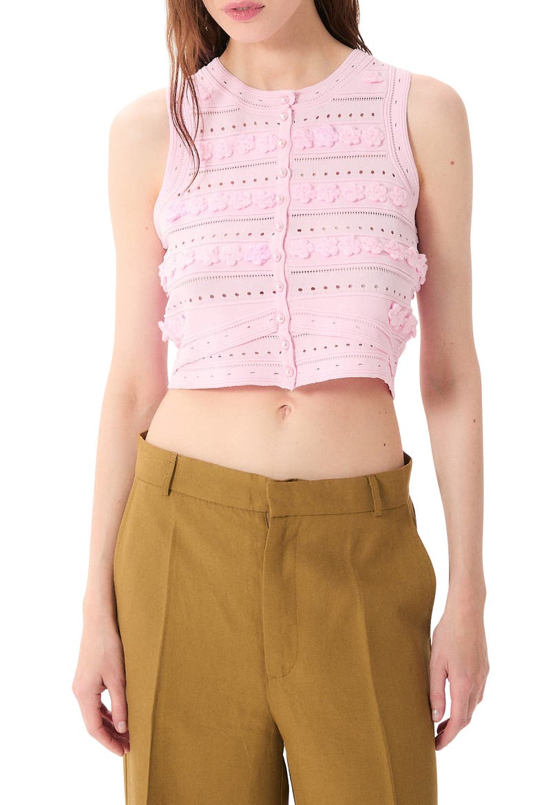 Malta Floral Appliqué Crop Pointelle Vest, Main, color, PINK