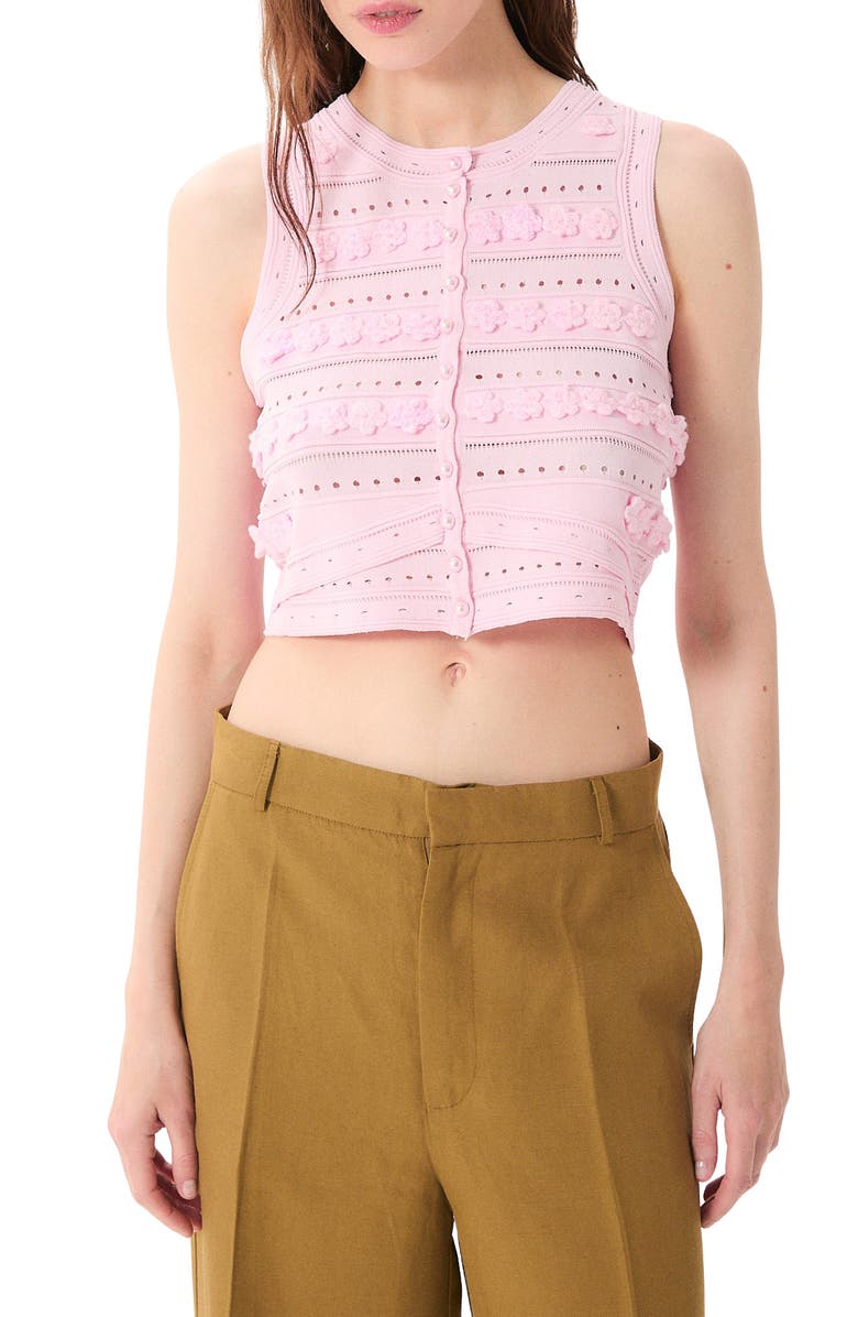 DELUC Malta Floral Appliqué Crop Pointelle Vest, Main, color, 