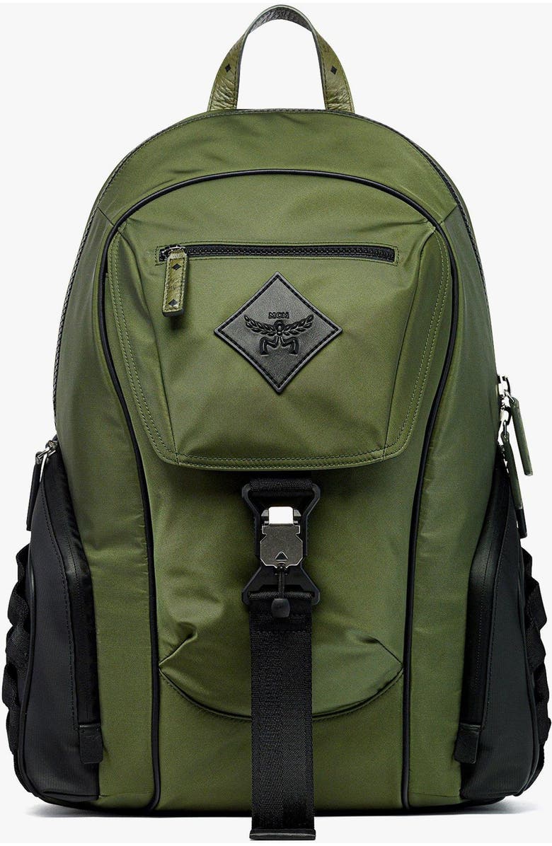 MCM Aren Backpack in ECONYLÂ<sup>®</sup> and Monogram Print Leather, Main, color, Khaki Moss