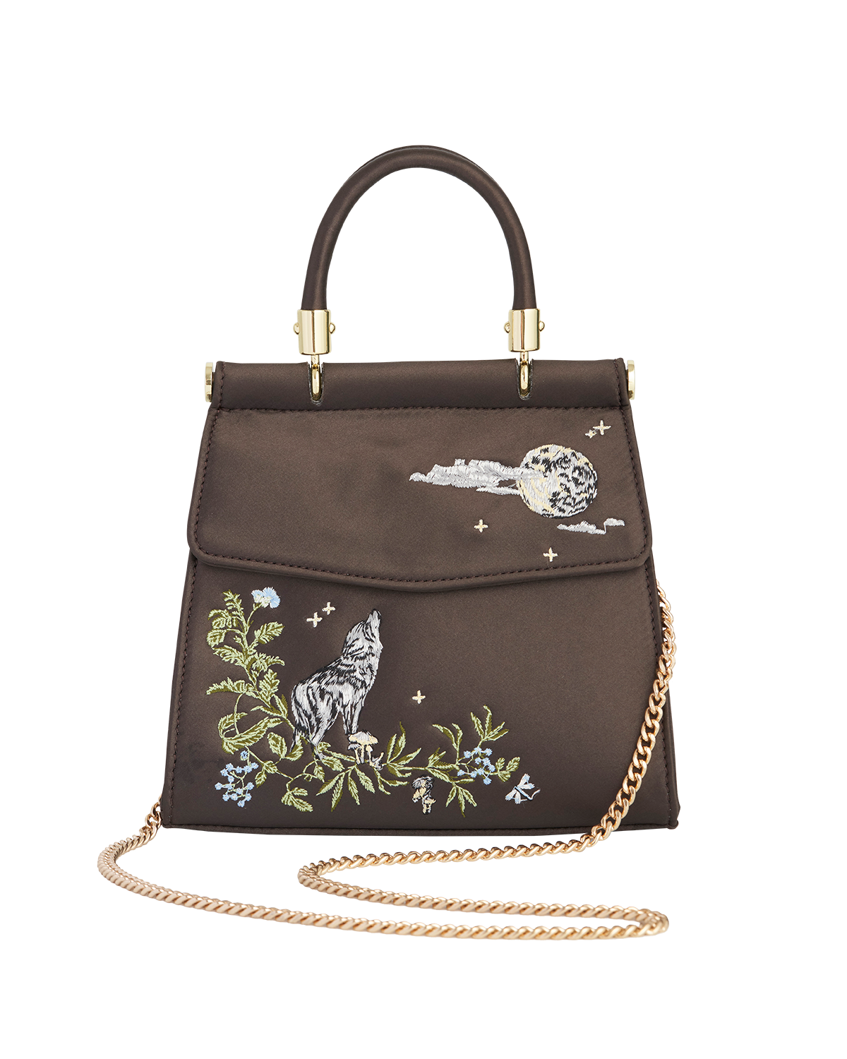 Fable England Wolf & Moon Embroidered Charcoal Satin Tote, Alternate, color, Grey